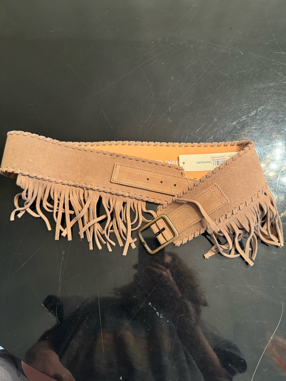 Gerard Darel Beige Suede Fringe Belt with Brass Buckle